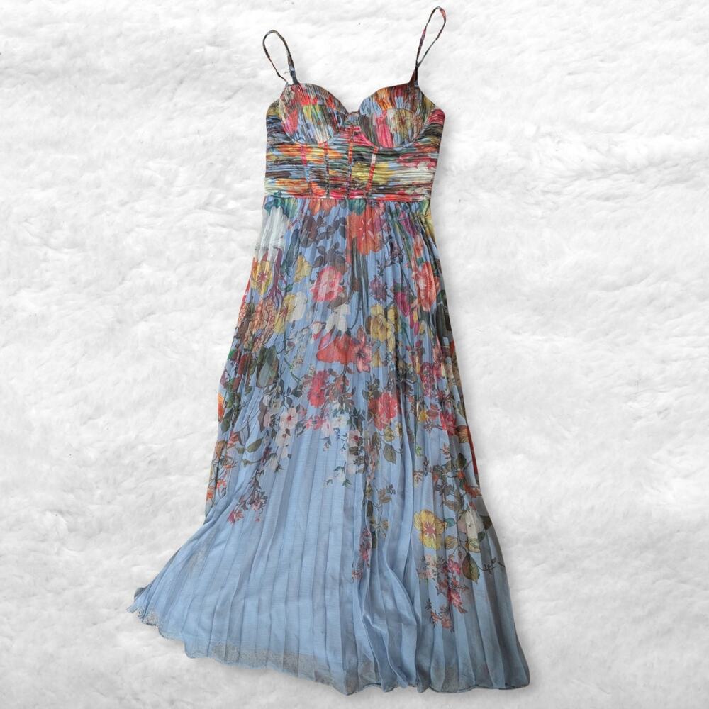 aqua pleated floral sweetheart maxi dress